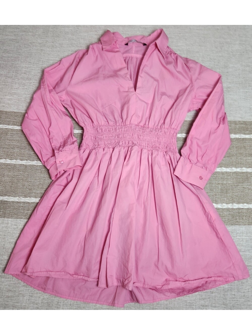 Zara Pink Cotton Poplin Smocked Waist V-Neck Mini Dress Size S